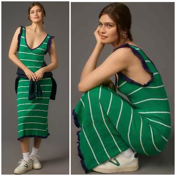Anthropologie Daily Practice Sweater Midi Dress In Green Stripe Size S NWT - Picture 1 of 13
